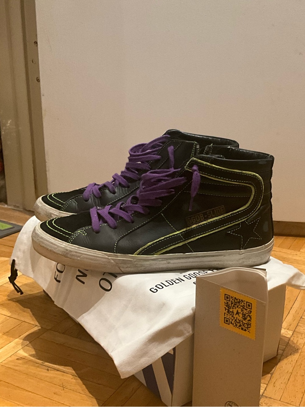 Golden Goose Black High-Top Sneakers with Purple Laces